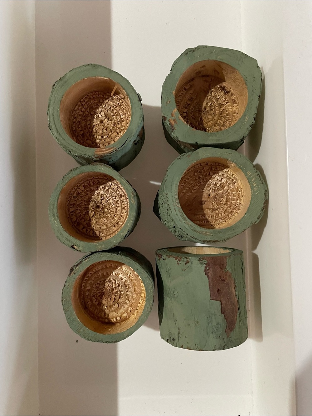 Distressed Green Wood Tea Light Holders - Set of 6